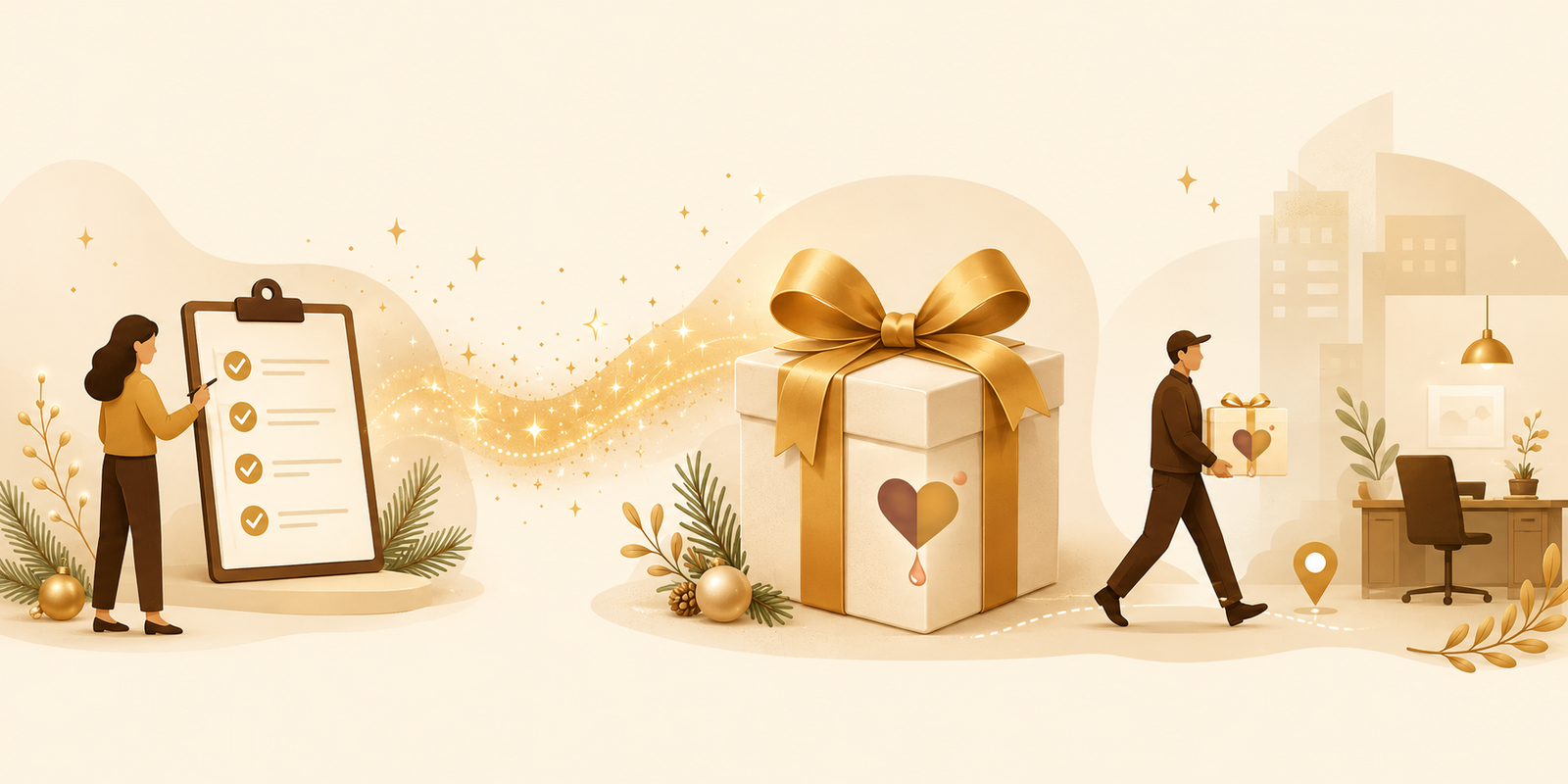 Illustrierte Prozessübersicht einer Gifting-Kampagne: Checkliste, verpacktes Geschenk mit goldener Schleife und Zusteller in warmen Gold- und Cremetönen