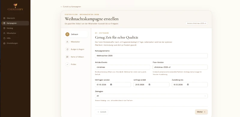 CHERISHIFY Dashboard – Weihnachtskampagne mit Zeitraum, Budget und Zielregion anlegen