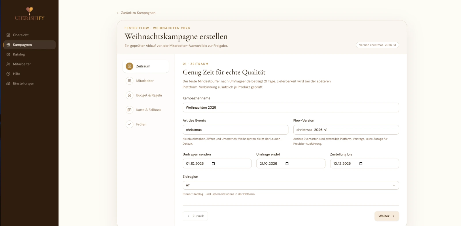CHERISHIFY Dashboard – Weihnachtskampagne mit Zeitraum, Budget und Zielregion anlegen