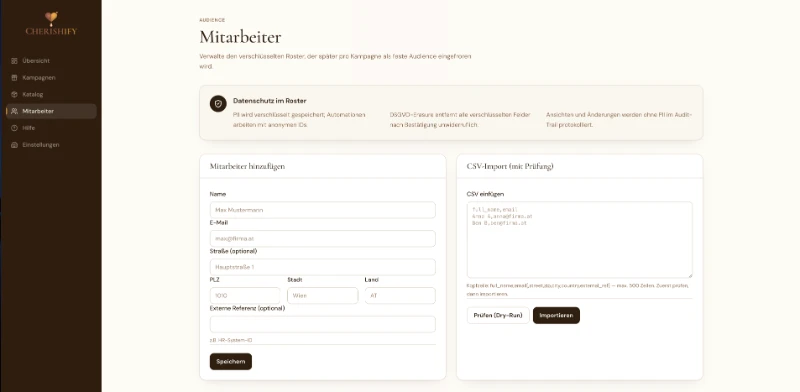 CHERISHIFY Dashboard – Mitarbeitende hinzufügen und per CSV importieren