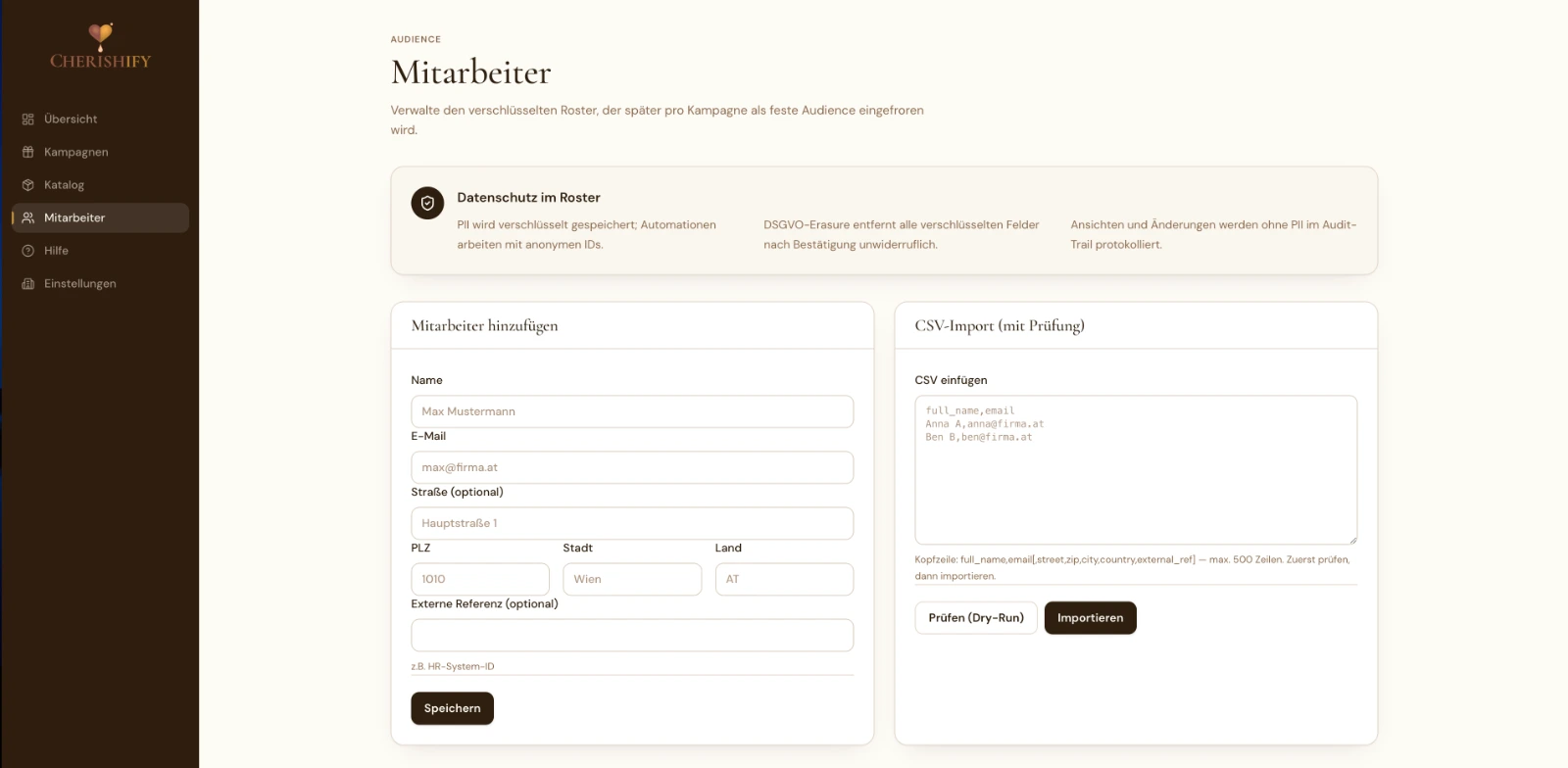 CHERISHIFY Dashboard – Mitarbeitende hinzufügen und per CSV importieren