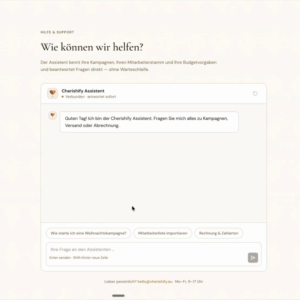 CHERISHIFY Assistent – beantwortet Fragen zu Kampagnen, Versand und Abrechnung