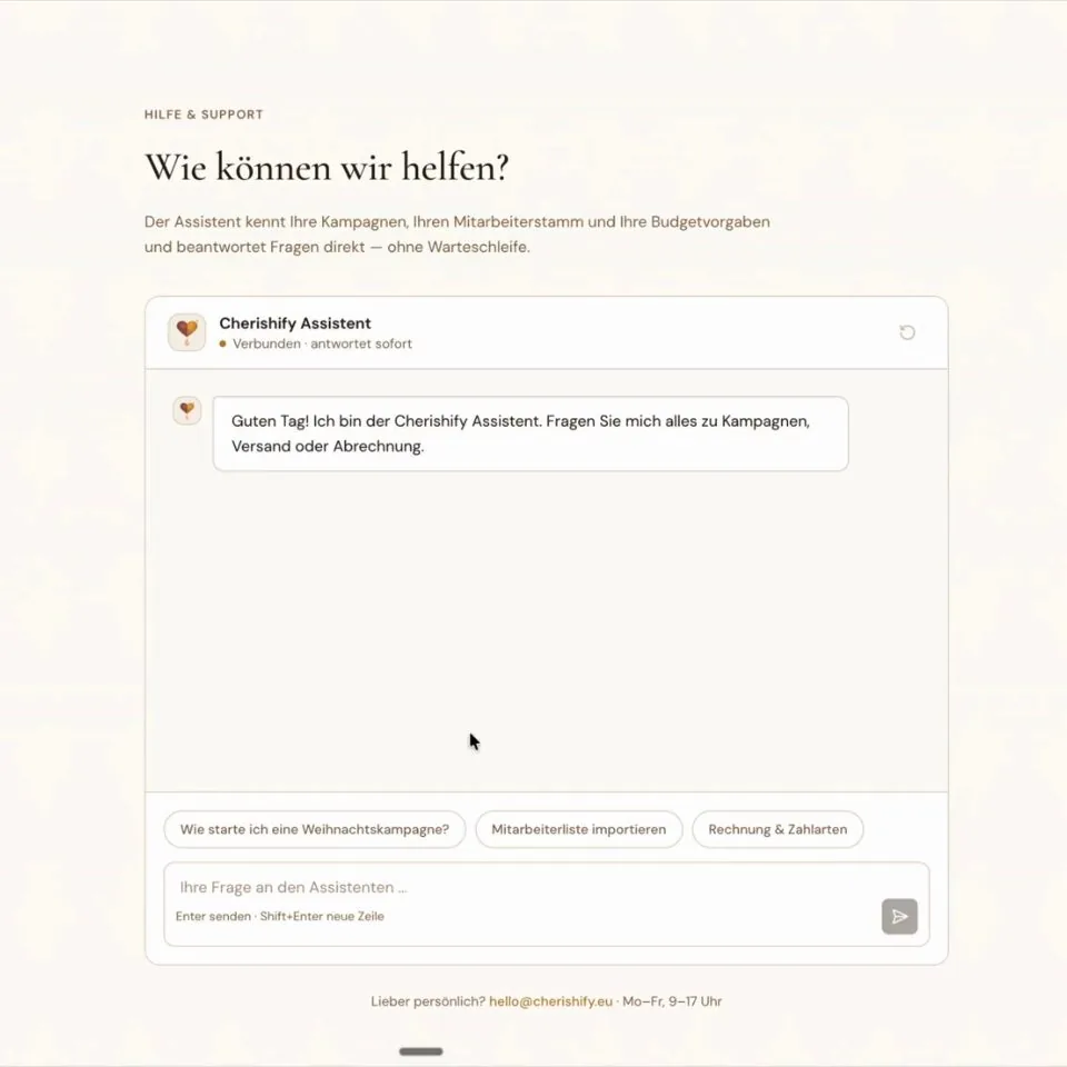 CHERISHIFY Assistent – beantwortet Fragen zu Kampagnen, Versand und Abrechnung